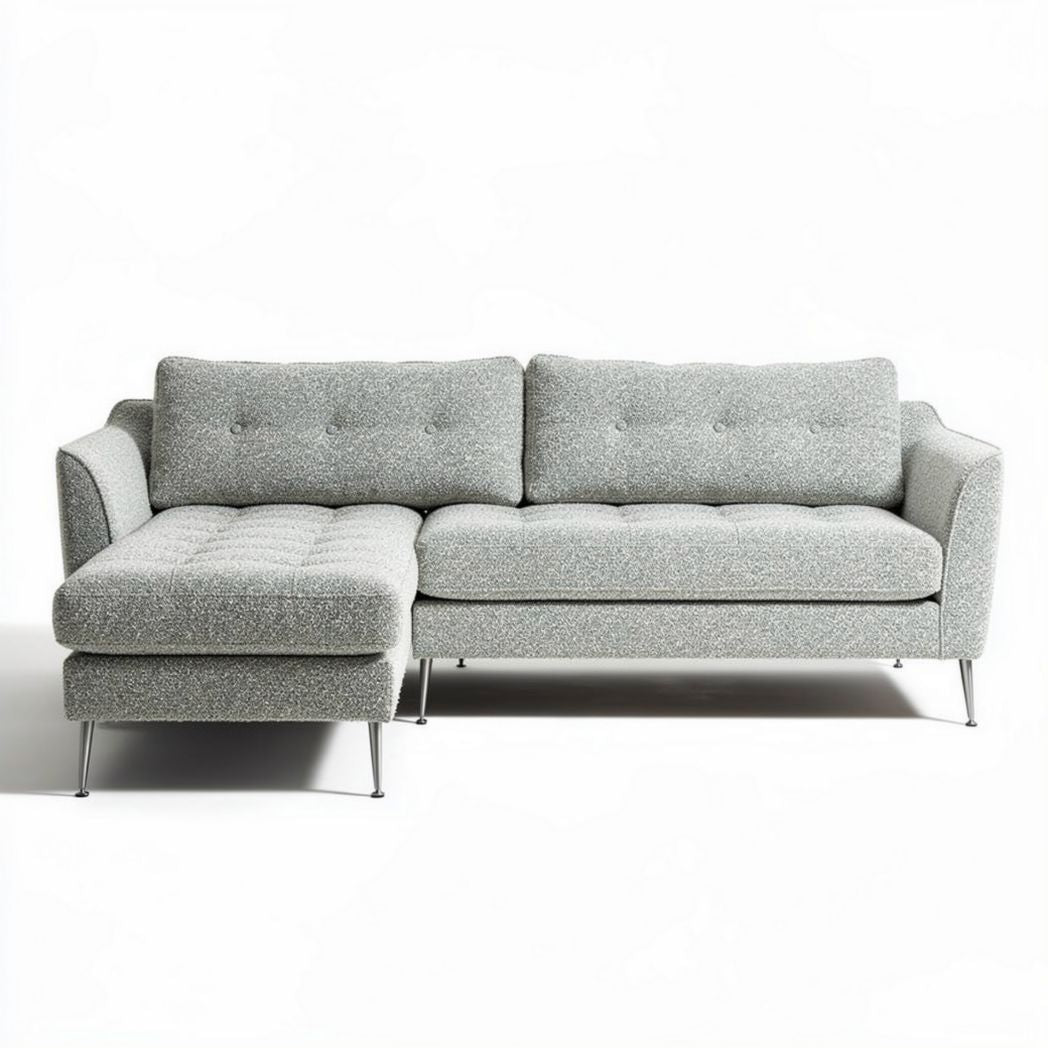 Gray fabric sectional sofa with tufted design and metal legs 230 x 150 x 85cm
