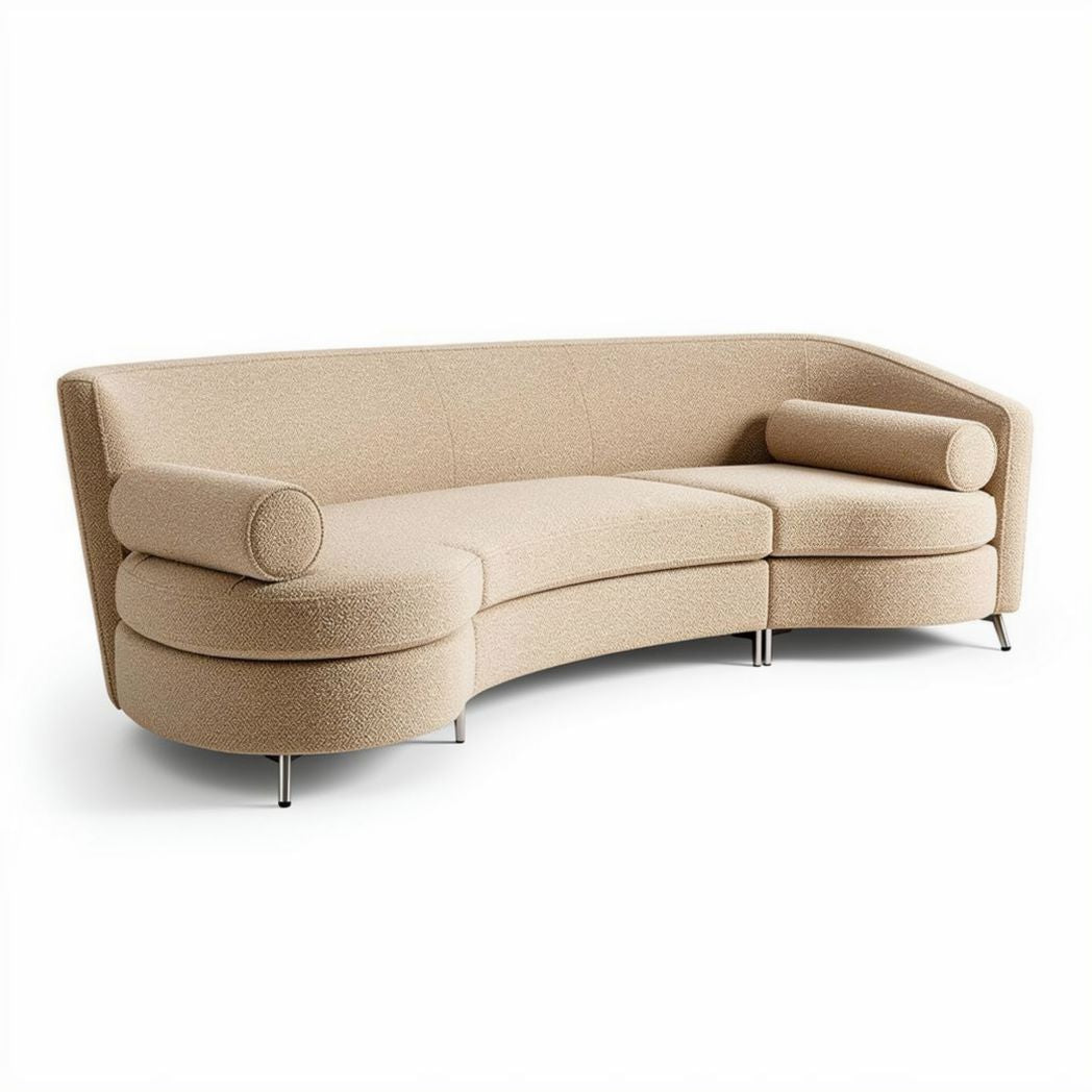 Curved beige fabric sofa with removable cushions for living room use