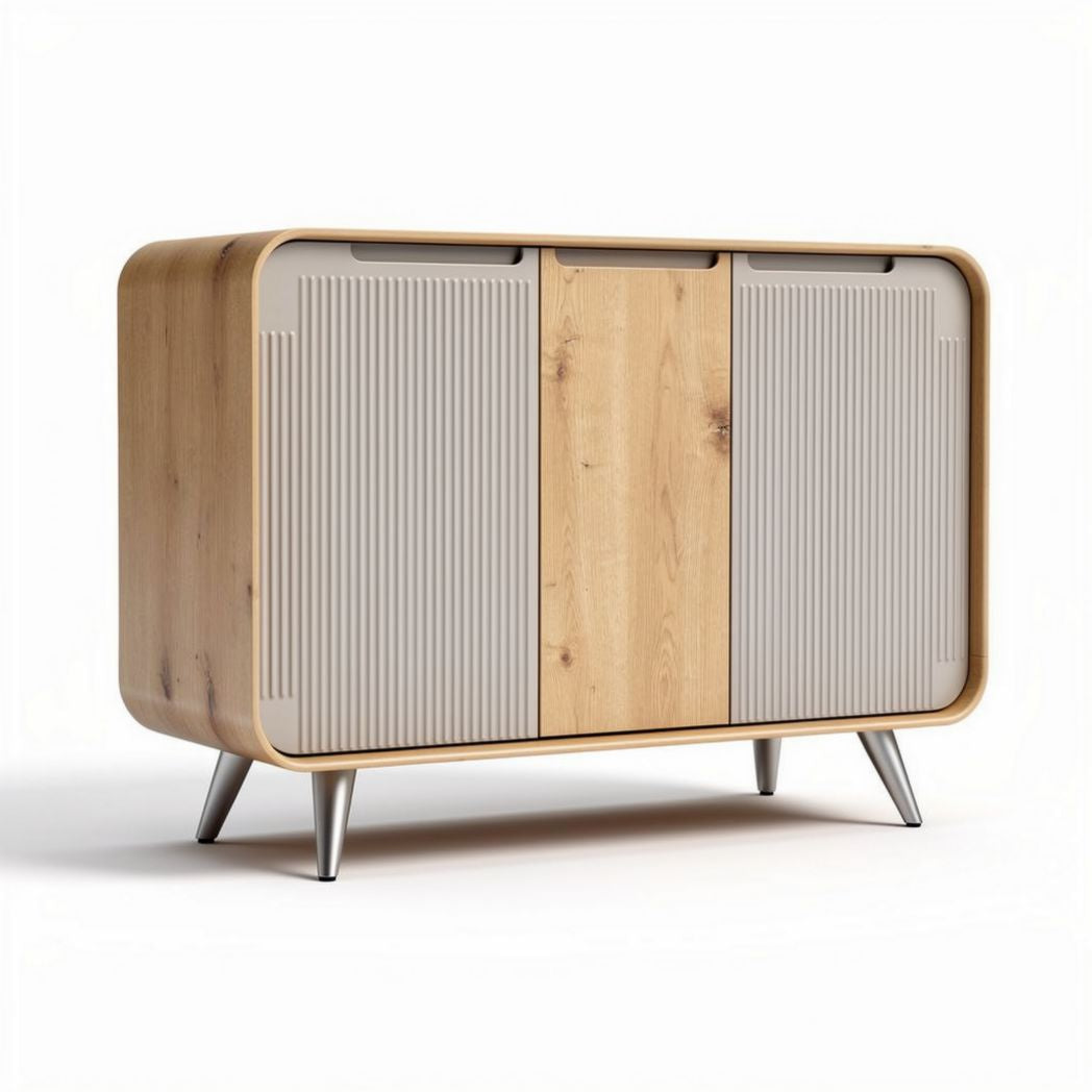 Wooden sideboard with beige panel doors and silver legs 120 x 40 x 75cm