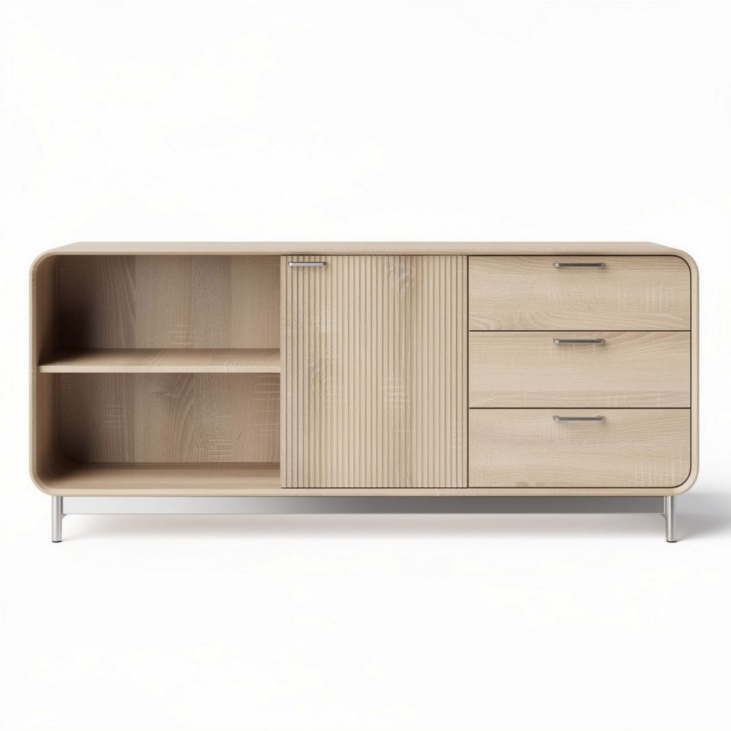 Wooden media console with sliding door and three drawers 120 x 40 x 60cm