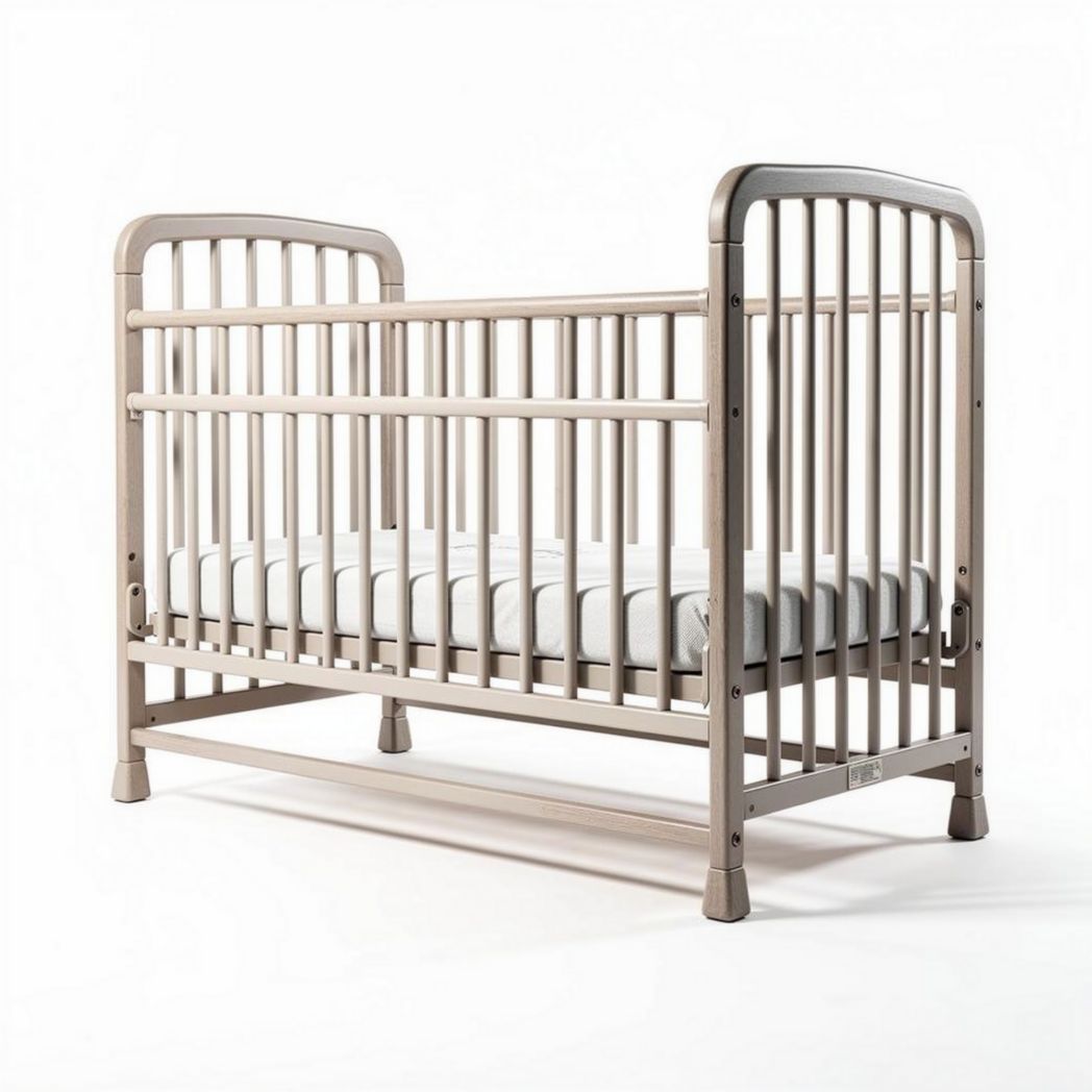Wooden crib for infants with adjustable mattress height and safety slats