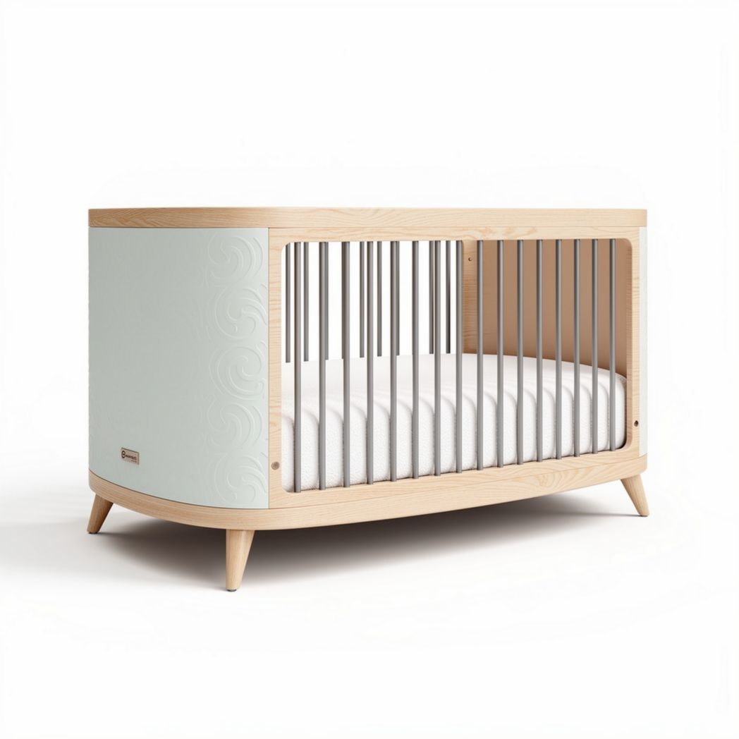Wooden crib in white and natural wood finish with adjustable mattress height 120 x 60 x 80cm