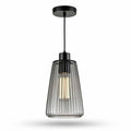 Black glass pendant light fixture with ribbed design for dining room 25 x 25 x 40cm