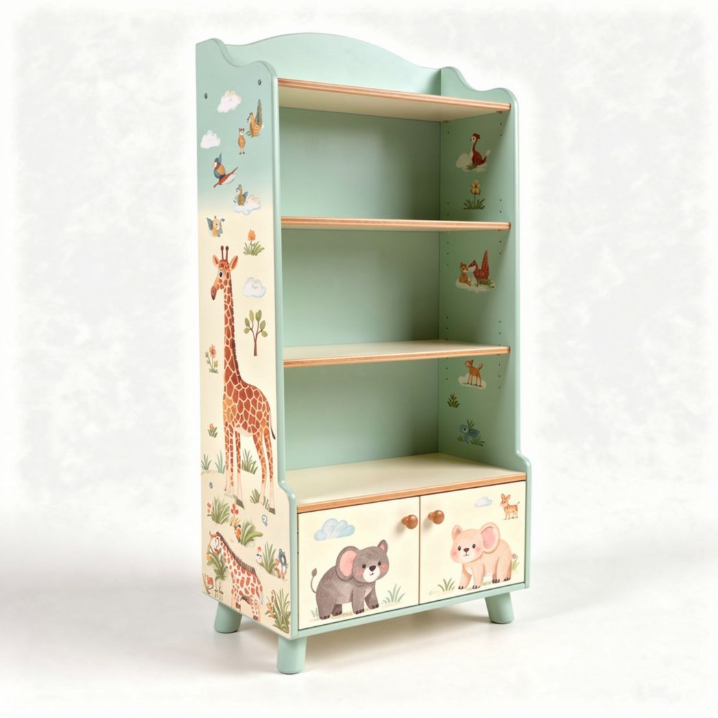 Kids bookshelf with animal illustrations wooden storage unit 80 x 40 x 150cm
