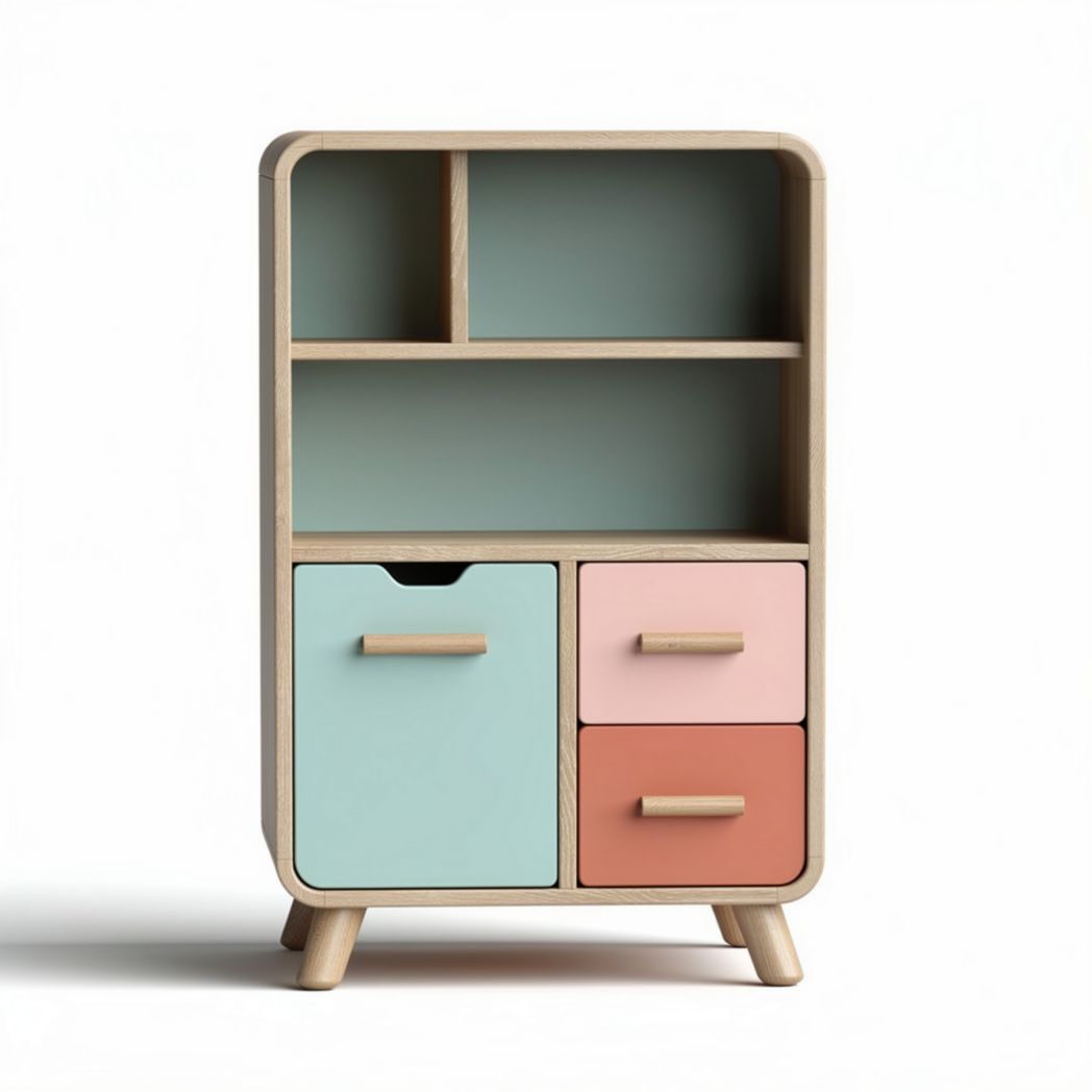 Children's bookshelf cabinet with three storage drawers in pastel colors measured at 60 x 40 x 80cm